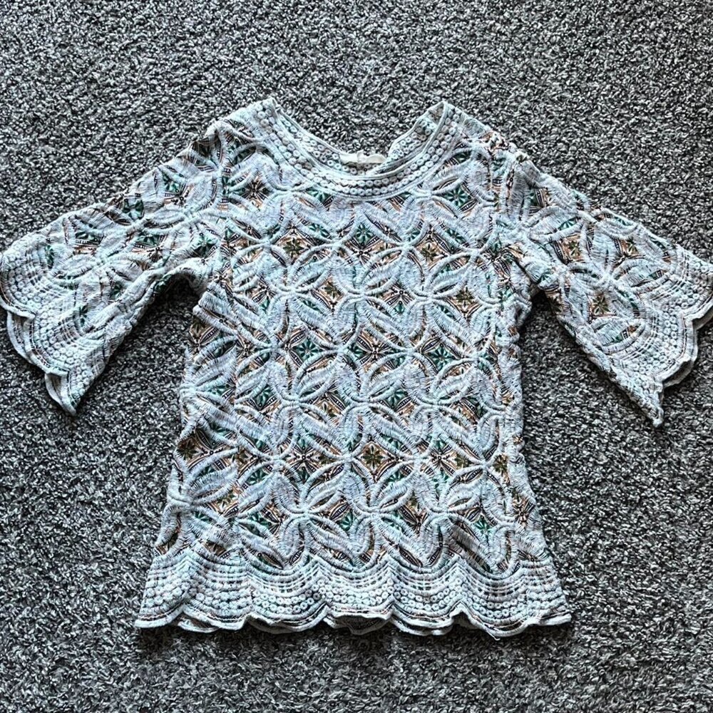 Solitaire White Green Crochet Top Womens L Floral Cottagecore Indie Fairy Blouse